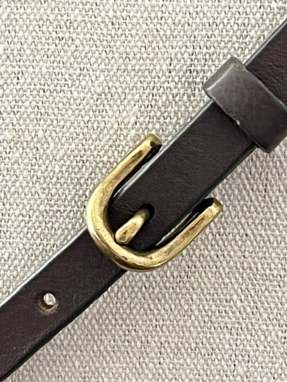 J. Crew Italian Leather Skinny Belt Brown Brass Tone Buckle Made in USA Small - Picture 2 of 7